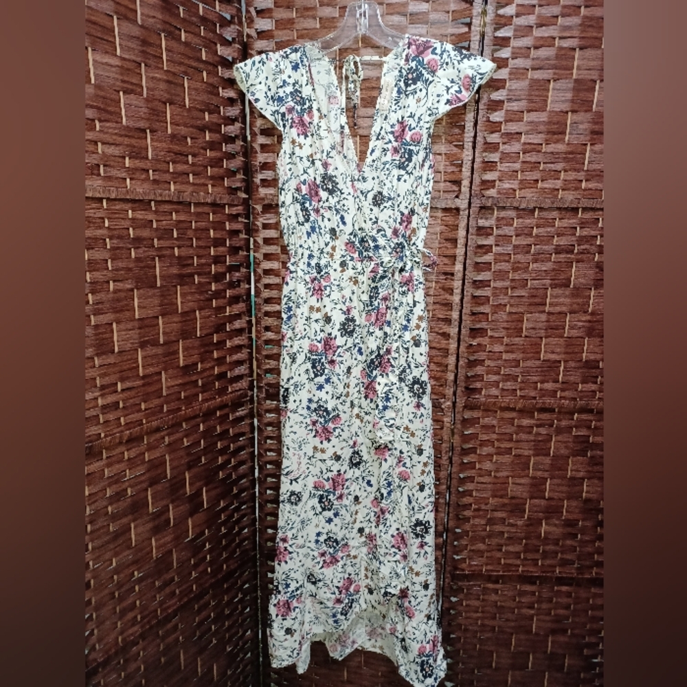 Floral Cream Maxi Dress with Pink & Navy Print